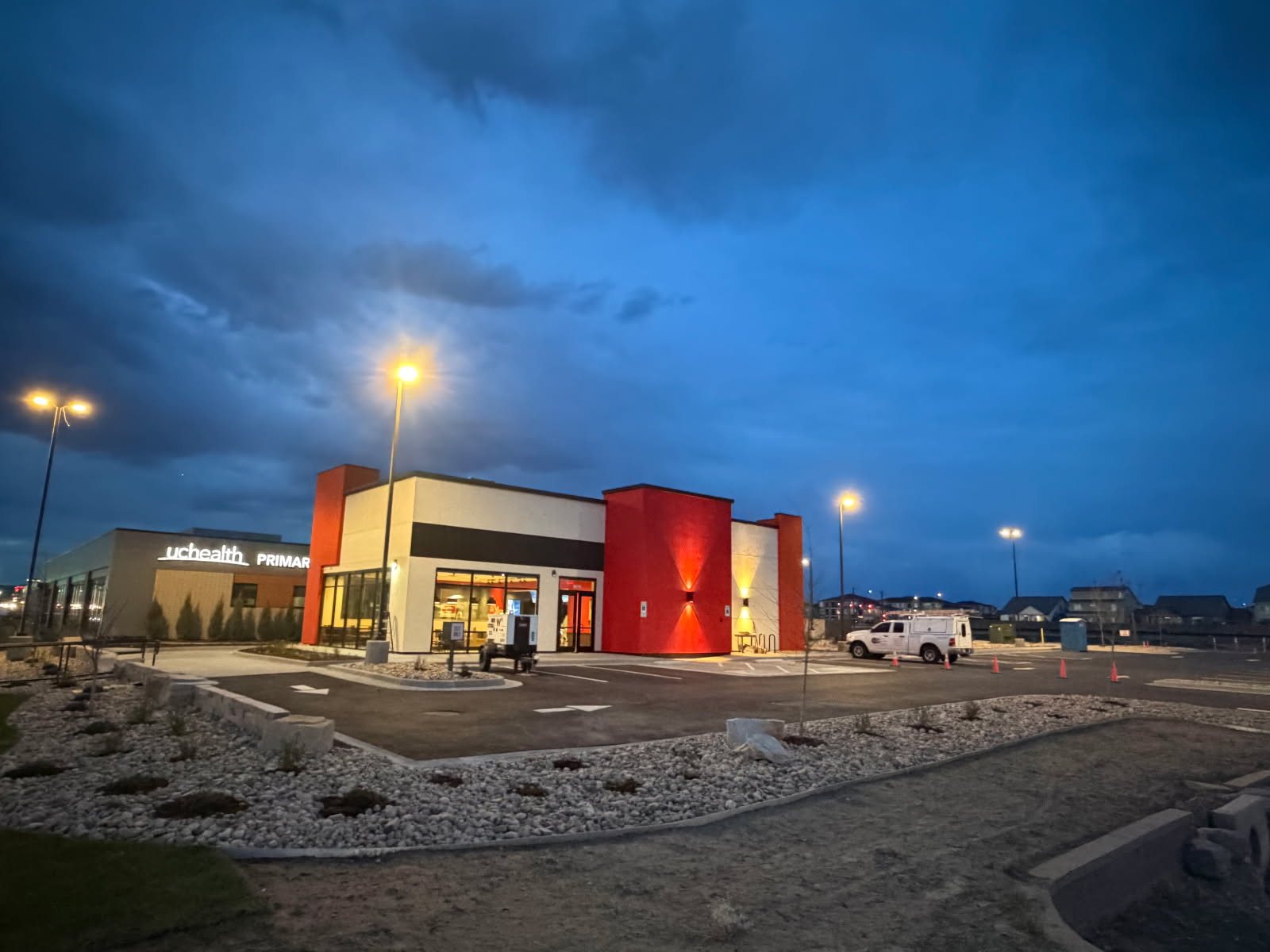 New restaurant at dusk after electrical install